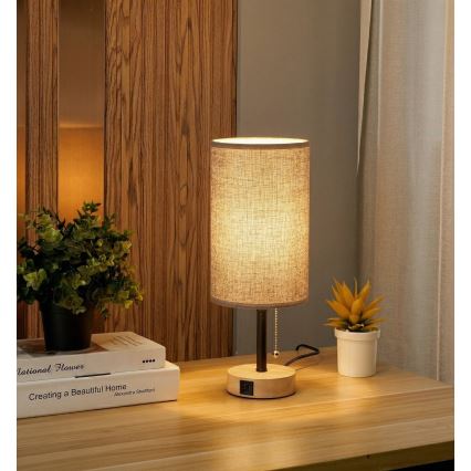 Brilagi - Tafellamp met USB-poort TABLON 1xE27/25W/230V eiken/zwart/grijs