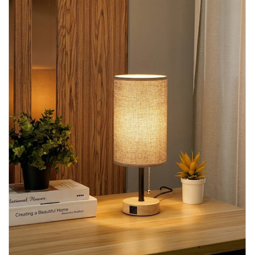 Brilagi - Tafellamp met USB-poort TABLON 1xE27/25W/230V eiken/zwart/grijs