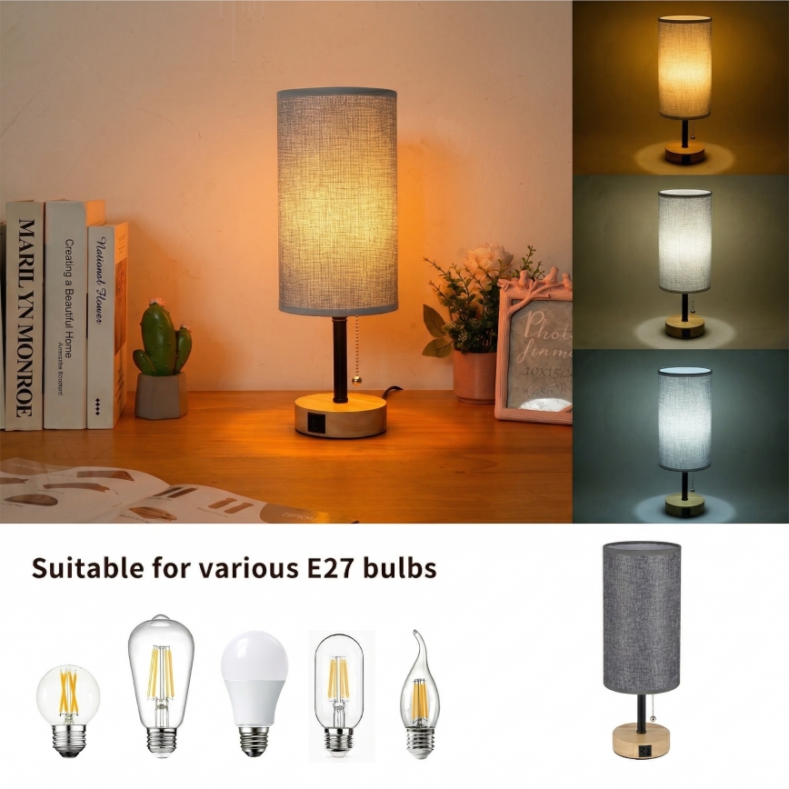 Brilagi - Tafellamp met USB-poort TABLON 1xE27/25W/230V eiken/zwart/grijs