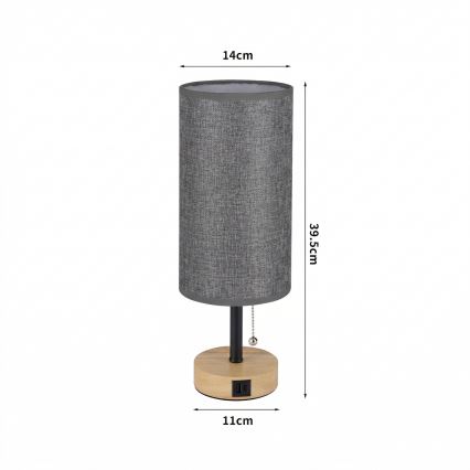 Brilagi - Tafellamp met USB-poort TABLON 1xE27/25W/230V eiken/zwart/grijs