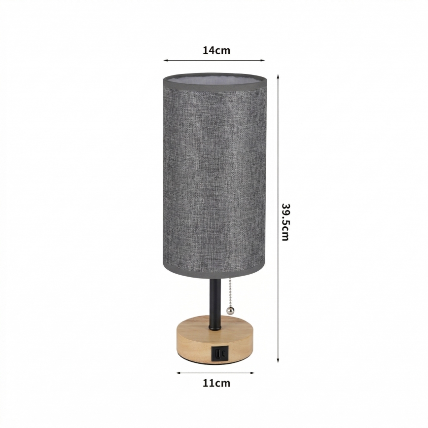 Brilagi - Tafellamp met USB-poort TABLON 1xE27/25W/230V eiken/zwart/grijs