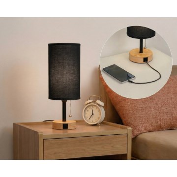 Brilagi - Tafellamp met USB-poort TABLON 1xE27/25W/230V eiken/zwart