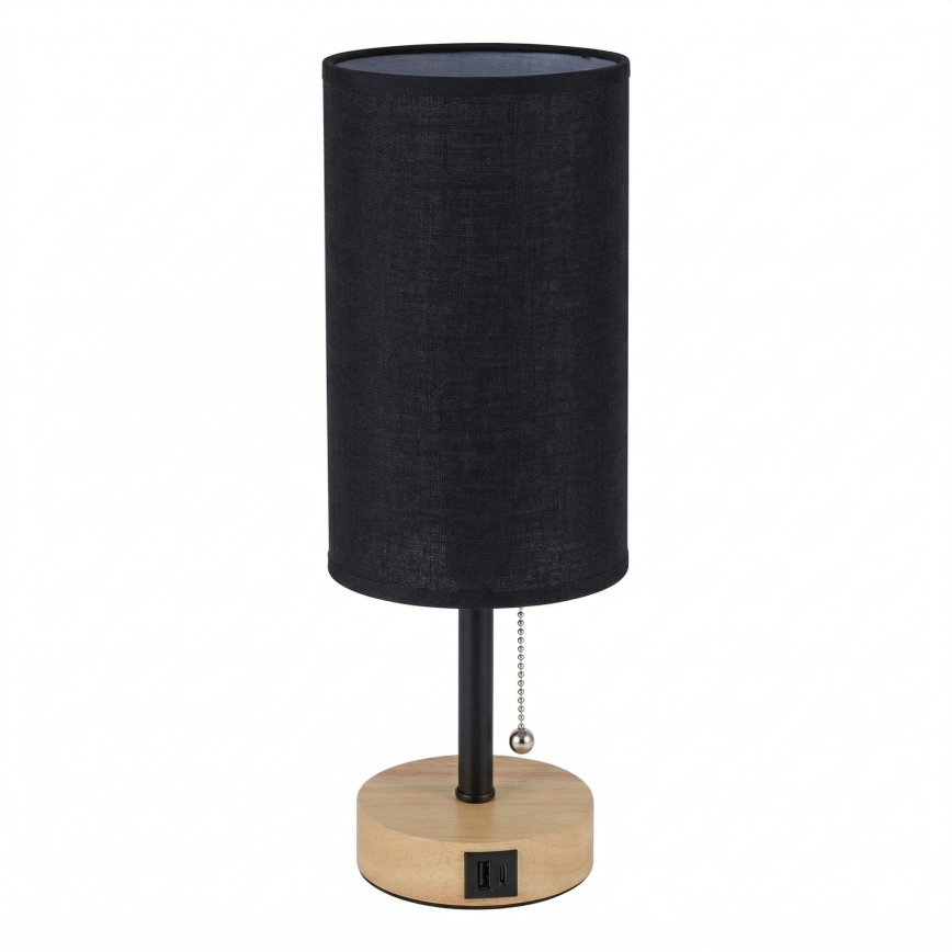Brilagi - Tafellamp met USB-poort TABLON 1xE27/25W/230V eiken/zwart