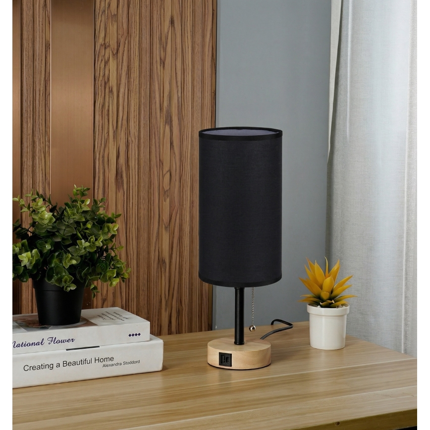 Brilagi - Tafellamp met USB-poort TABLON 1xE27/25W/230V eiken/zwart