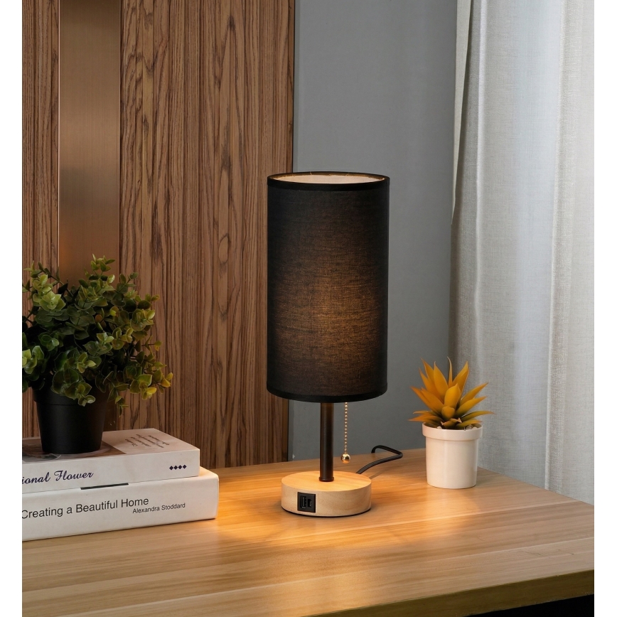 Brilagi - Tafellamp met USB-poort TABLON 1xE27/25W/230V eiken/zwart