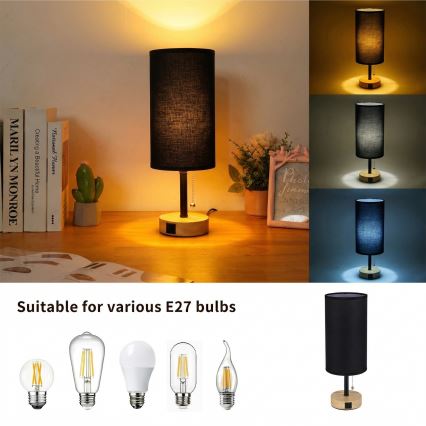 Brilagi - Tafellamp met USB-poort TABLON 1xE27/25W/230V eiken/zwart