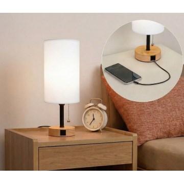 Brilagi - Tafellamp met USB-poort TABLON 1xE27/25W/230V eiken/zwart/wit