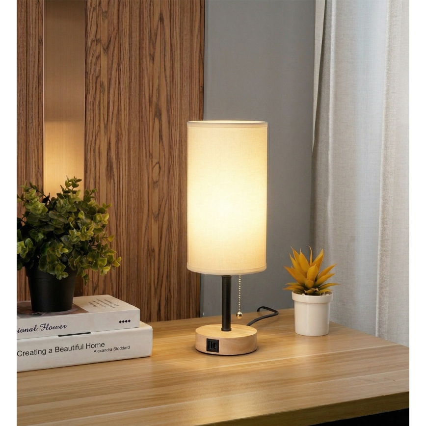 Brilagi - Tafellamp met USB-poort TABLON 1xE27/25W/230V eiken/zwart/wit