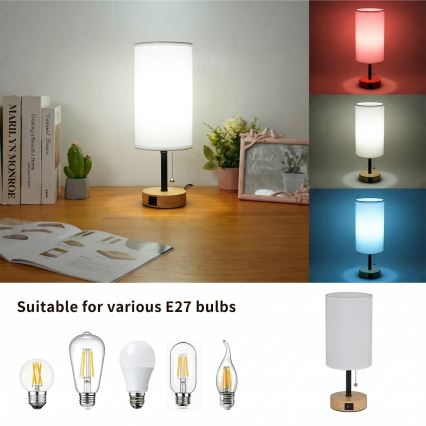 Brilagi - Tafellamp met USB-poort TABLON 1xE27/25W/230V eiken/zwart/wit