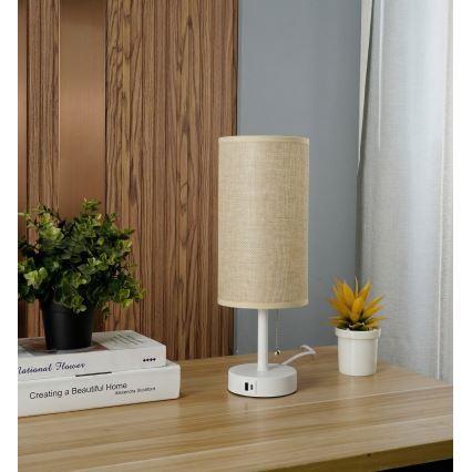 Brilagi - Tafellamp met USB-poort TABLON 1xE27/25W/230V wit/beige