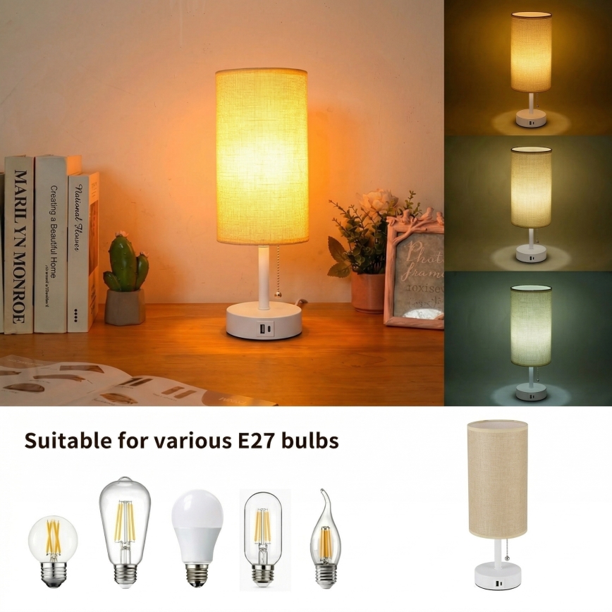 Brilagi - Tafellamp met USB-poort TABLON 1xE27/25W/230V wit/beige