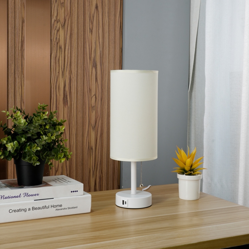 Brilagi - Tafellamp met USB-poort TABLON 1xE27/25W/230V wit/crème