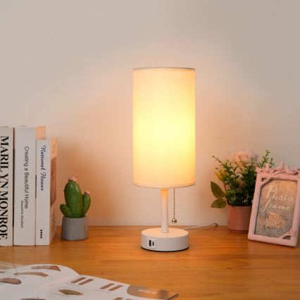 Brilagi - Tafellamp met USB-poort TABLON 1xE27/25W/230V wit/crème