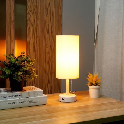 Brilagi - Tafellamp met USB-poort TABLON 1xE27/25W/230V wit/crème