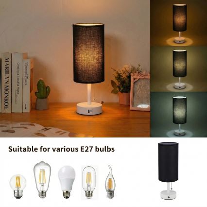 Brilagi - Tafellamp met USB-poort TABLON 1xE27/25W/230V wit/zwart