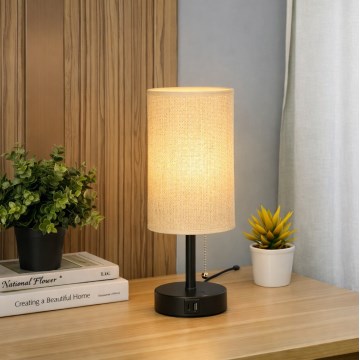 Brilagi - Tafellamp met USB-poort TABLON 1xE27/25W/230V zwart/beige