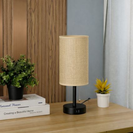 Brilagi - Tafellamp met USB-poort TABLON 1xE27/25W/230V zwart/beige