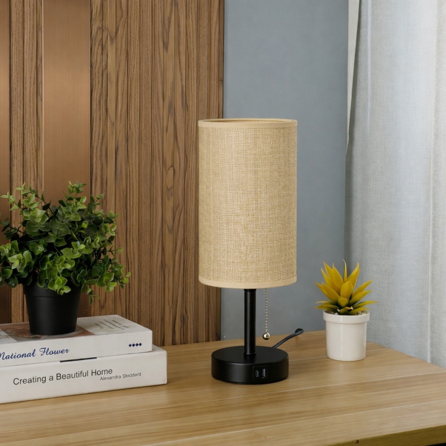 Brilagi - Tafellamp met USB-poort TABLON 1xE27/25W/230V zwart/beige