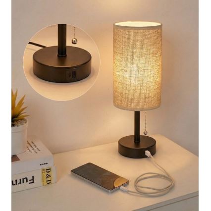 Brilagi - Tafellamp met USB-poort TABLON 1xE27/25W/230V zwart/beige