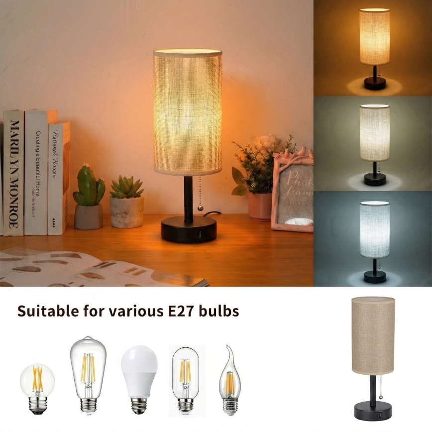 Brilagi - Tafellamp met USB-poort TABLON 1xE27/25W/230V zwart/beige