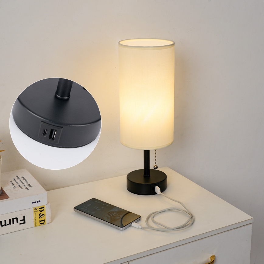 Brilagi - Tafellamp met USB-poort TABLON 1xE27/25W/230V zwart/crème