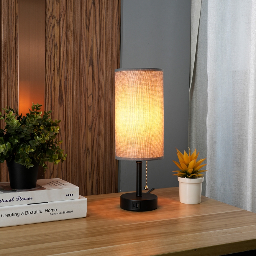 Brilagi - Tafellamp met USB-poort TABLON 1xE27/25W/230V zwart/grijs