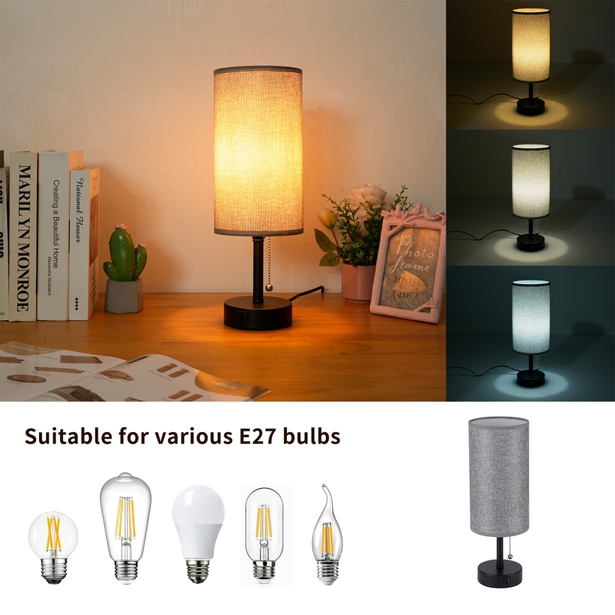 Brilagi - Tafellamp met USB-poort TABLON 1xE27/25W/230V zwart/grijs