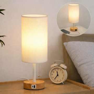 Brilagi - Tafellamp TABLON met USB-poort, 1x E27/25W/230V, eiken/wit