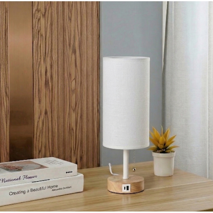 Brilagi - Tafellamp TABLON met USB-poort, 1x E27/25W/230V, eiken/wit