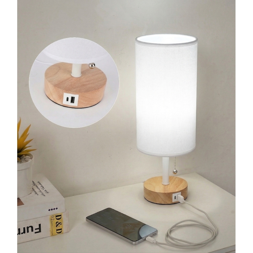 Brilagi - Tafellamp TABLON met USB-poort, 1x E27/25W/230V, eiken/wit