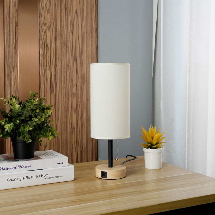 Brilagi - Tafellamp TABLON met USB-poort 1xE27/25W/230V eiken/zwart/crème