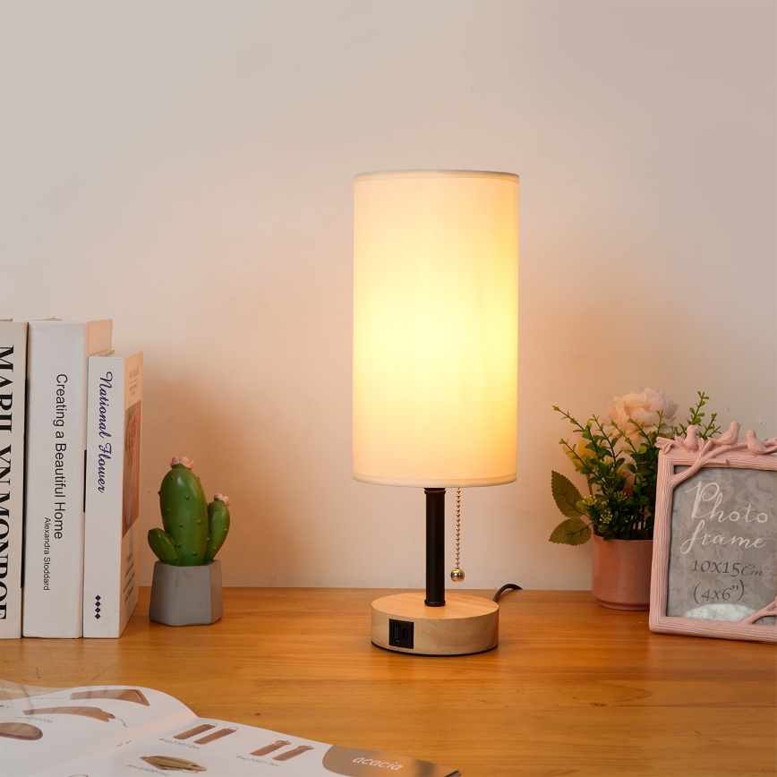 Brilagi - Tafellamp TABLON met USB-poort 1xE27/25W/230V eiken/zwart/crème