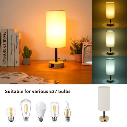 Brilagi - Tafellamp TABLON met USB-poort 1xE27/25W/230V eiken/zwart/crème