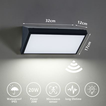 Brilagi - LED buitenwandlamp met sensor TRIANGLE LED/20W/230V zwart IP65