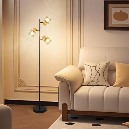 Brilagi - Vloerlamp HYGGE 3xE14/15W/230V hout/gerookt glas