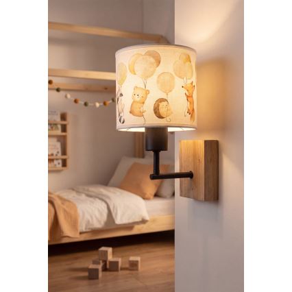 Brilagi - Kinderwandlamp BOBO WOOD 1xE27/25W/230V eik/zwart/wit/dierenmotief