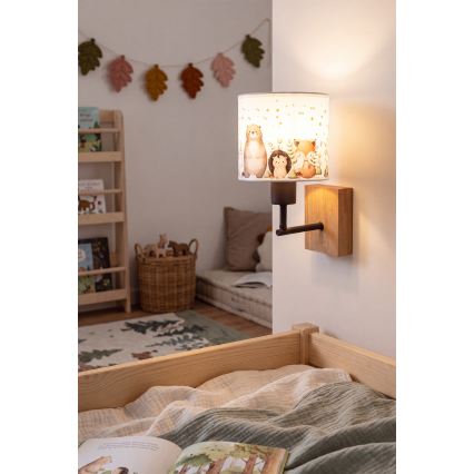 Brilagi - Kinderwandlamp BOBO WOOD 1xE27/25W/230V eiken/zwart/wit/met diertjes