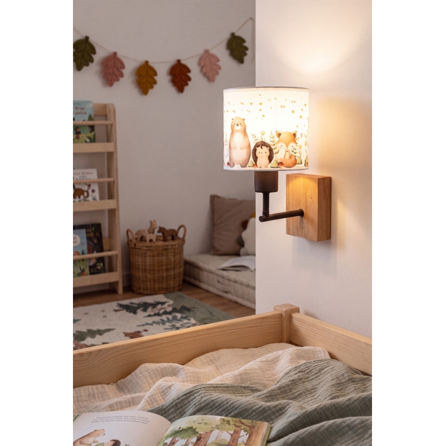 Brilagi - Kinderwandlamp BOBO WOOD 1xE27/25W/230V eiken/zwart/wit/met diertjes