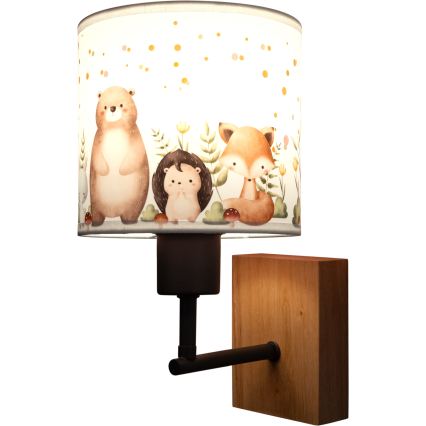 Brilagi - Kinderwandlamp BOBO WOOD 1xE27/25W/230V eiken/zwart/wit/met diertjes