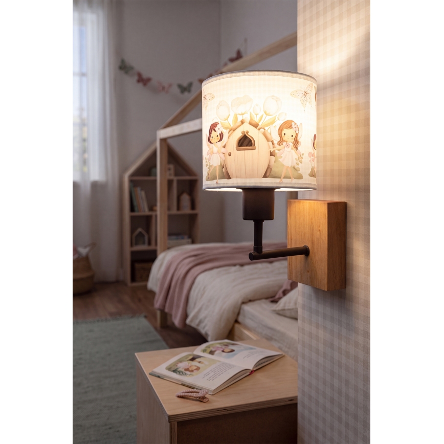Brilagi - Kinderwandlamp BOBO WOOD 1xE27/25W/230V eik/zwart/wit/roze/feeën