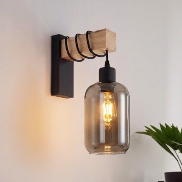 Brilagi - Wandlamp WOOD GLASS 1xE27/60W/230V dennenhout/zwart/rookgrijs