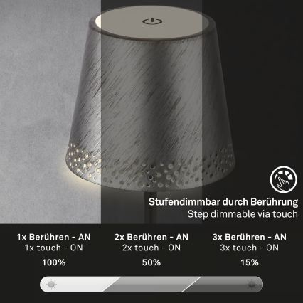 Brilo - Dimbare oplaadbare buitentafellamp met aanraakbediening KIKI LED/2,6W/5V IP44 2600 mAh zilver