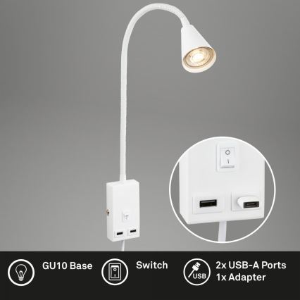 Briloner 2175-016 - Flexibele wandlamp met USB-poort 1xGU10/10W/230V wit
