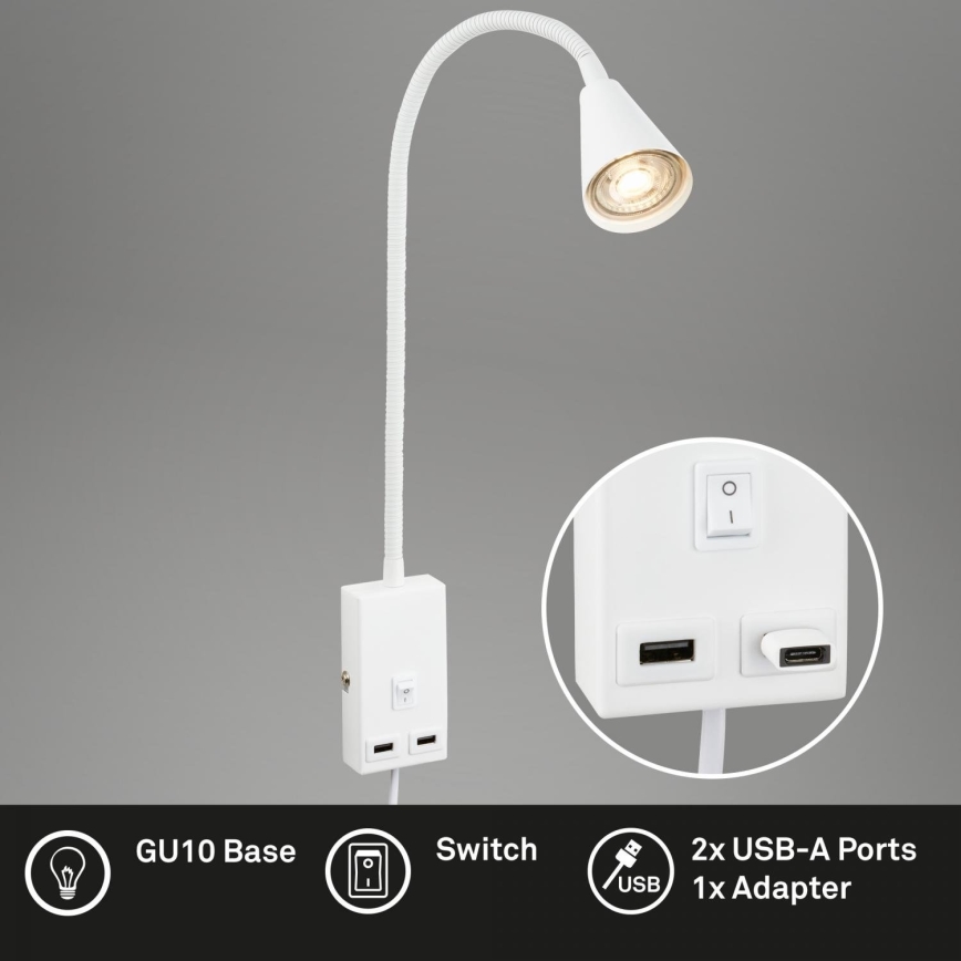 Briloner 2175-016 - Flexibele wandlamp met USB-poort 1xGU10/10W/230V wit