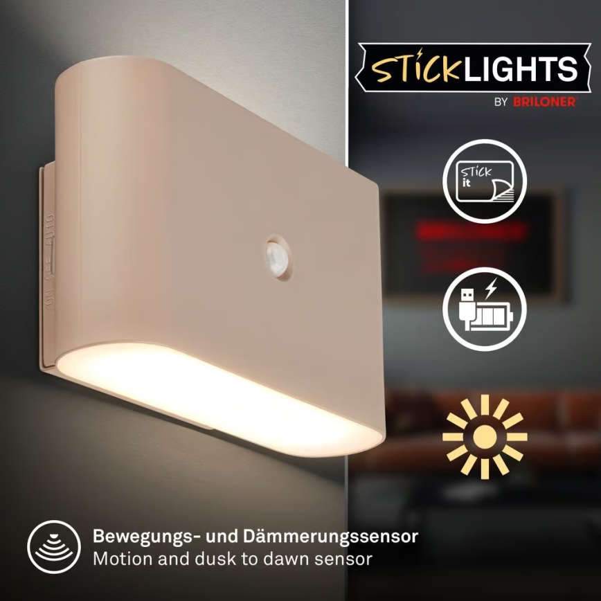 Briloner 3878011 - oplaadbare LED-wandlamp met bewegings- en schemersensor CHAT LED/3W/5V 2000 mAh beige