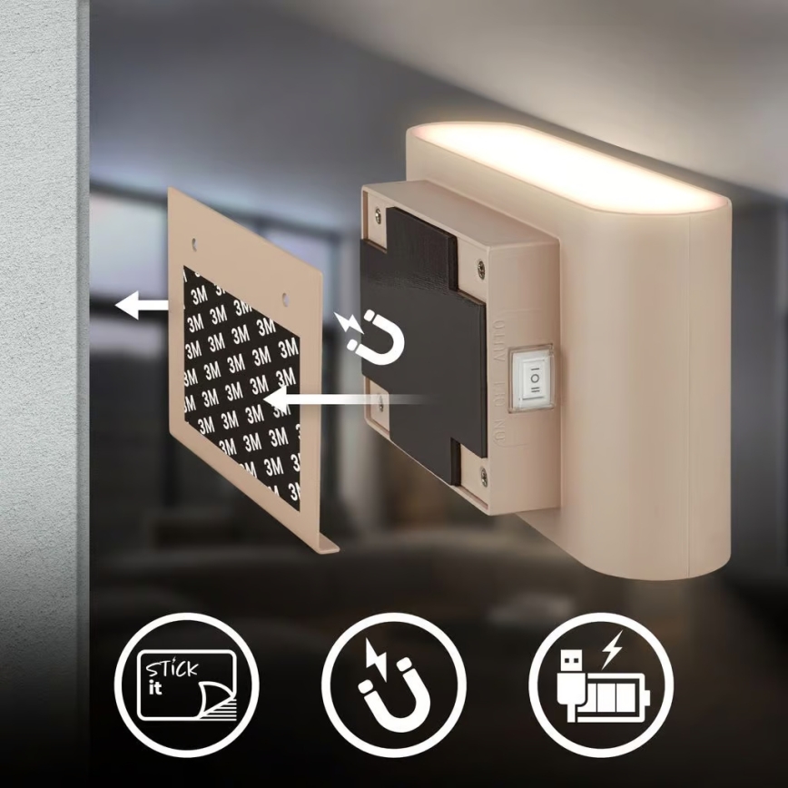 Briloner 3878011 - oplaadbare LED-wandlamp met bewegings- en schemersensor CHAT LED/3W/5V 2000 mAh beige