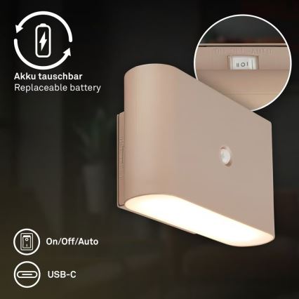 Briloner 3878011 - oplaadbare LED-wandlamp met bewegings- en schemersensor CHAT LED/3W/5V 2000 mAh beige
