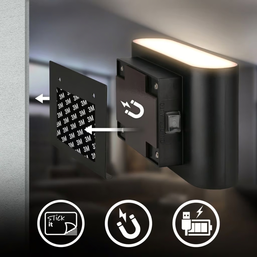 Briloner 3878015 - LED oplaadbare wandlamp met bewegings- en schemersensor CHAT LED/3W/5V 2000 mAh zwart