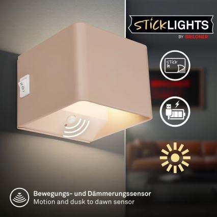 Briloner 3879011 - BORRA LED-oplaadbare wandlamp met bewegings- en schemeringssensor, 1,5 W / 5 V, 3600 mAh, beige
