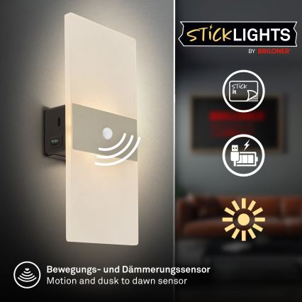 Briloner 3888012 - LED-oplaadbare wandlamp met bewegings- en schemersensor AURA LED/2,5W/5V 1800 mAh mat chroom